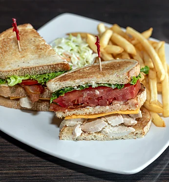Toasted triple-decker sandwich with fries and coleslaw